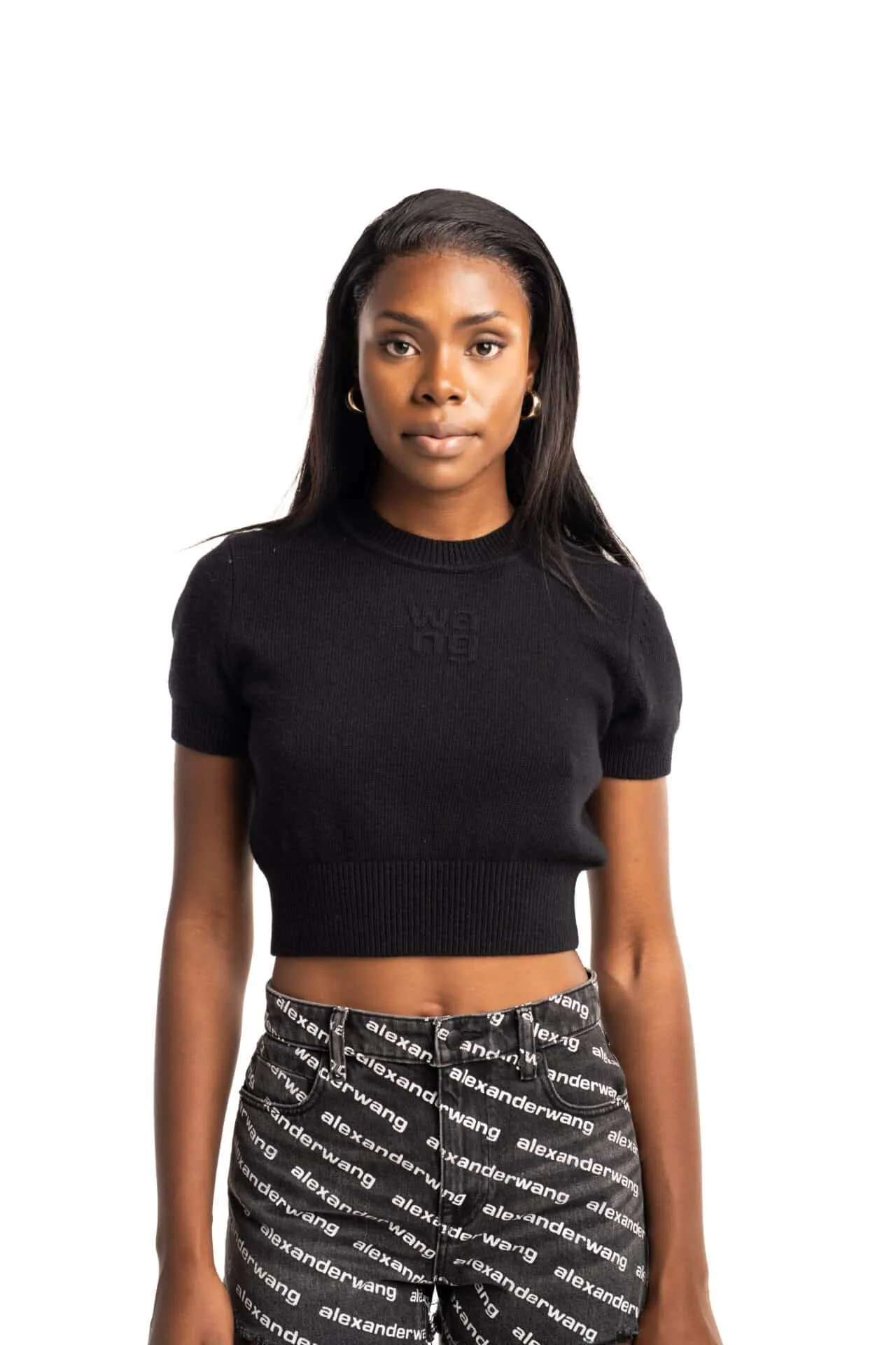 Alexander Wang Ladies Short Sleeve Crew Neck Pullover w/ Embosses Logo Black 4KC2241026 001