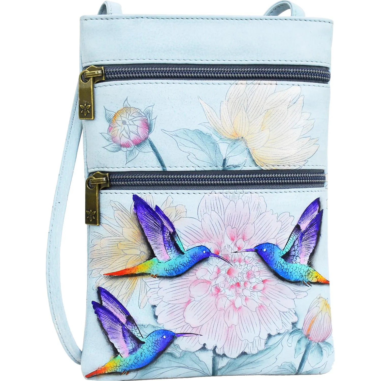 Anuschka Mini Double Zip Travel Crossbody Rainbow Birds Leather