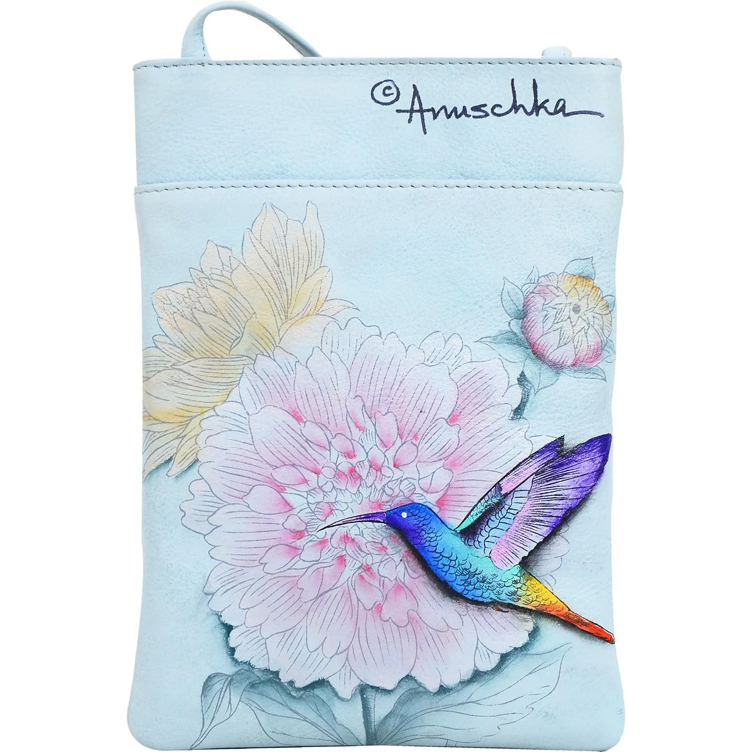 Anuschka Mini Double Zip Travel Crossbody Rainbow Birds Leather