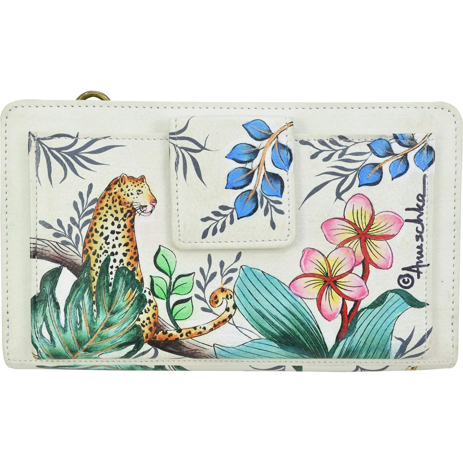 Anuschka Organizer Wallet Crossbody Jungle Queen Ivory Leather