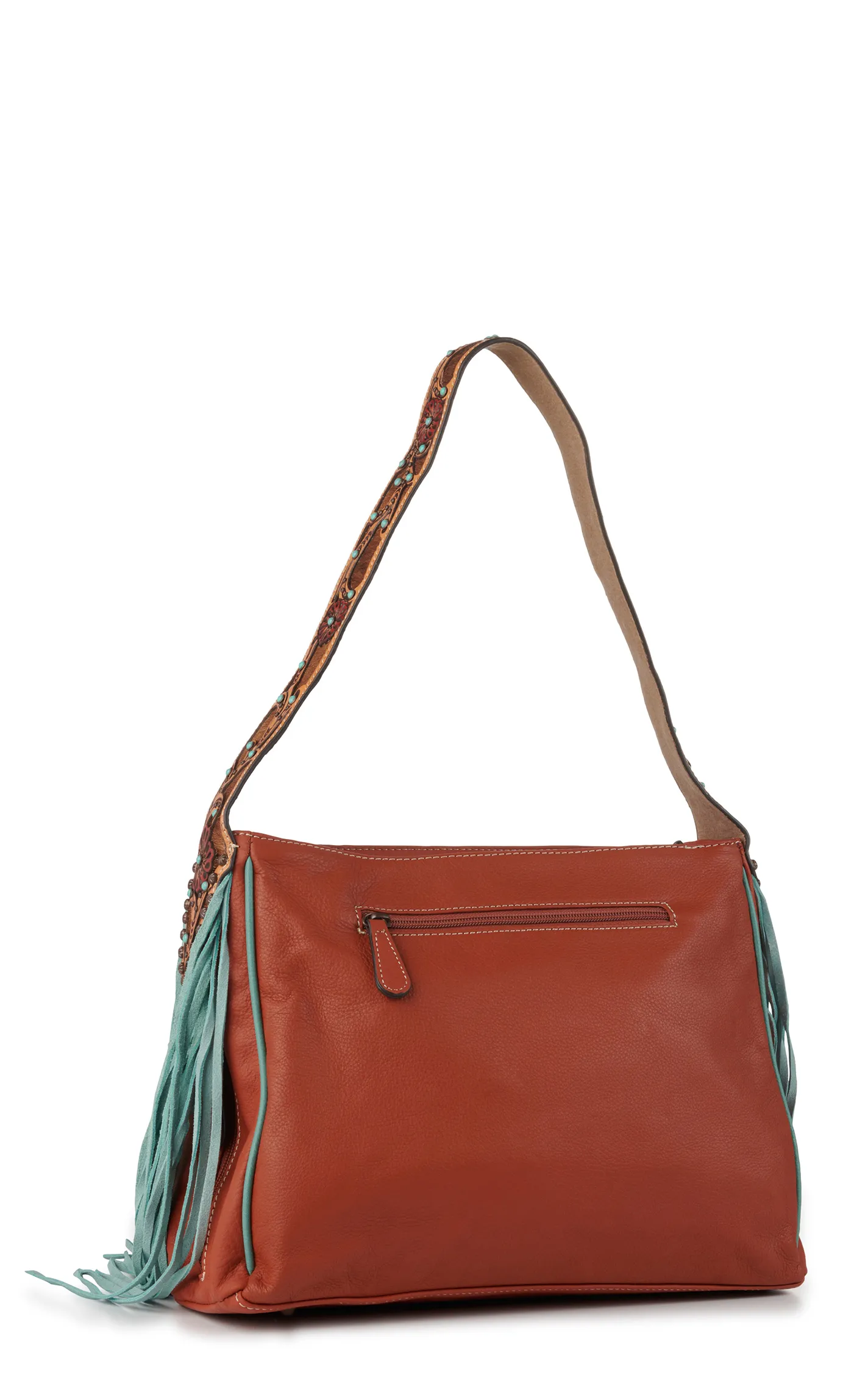 Ariat Women's Monroe Sorrel Brown Hair On Leather and Turquoise Piping with Fringe Tote