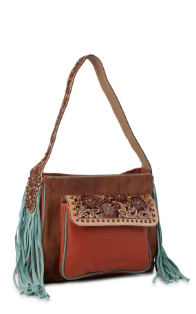 Ariat Women's Monroe Sorrel Brown Hair On Leather and Turquoise Piping with Fringe Tote