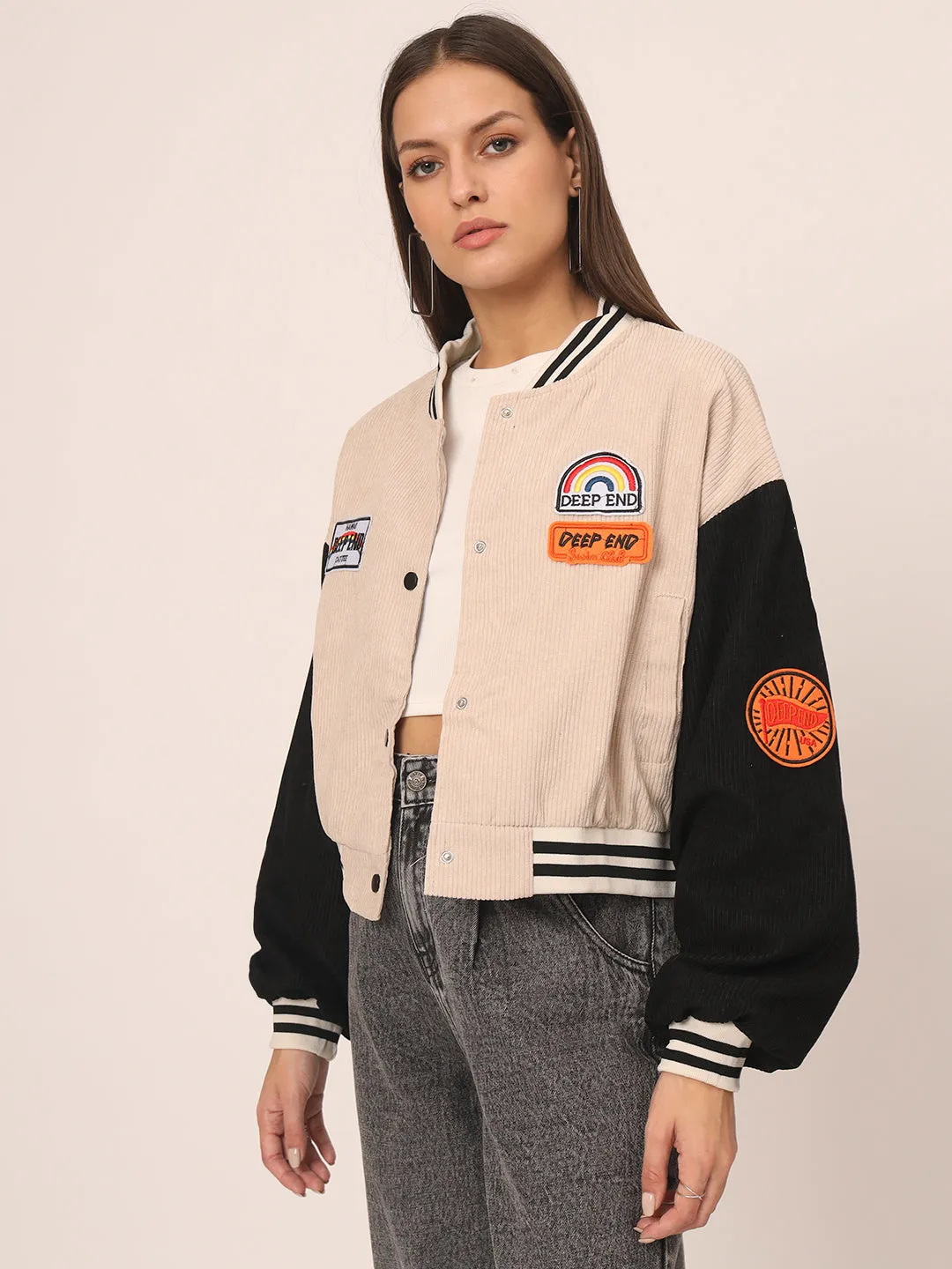 Baggy Varsity Jacket-Beige