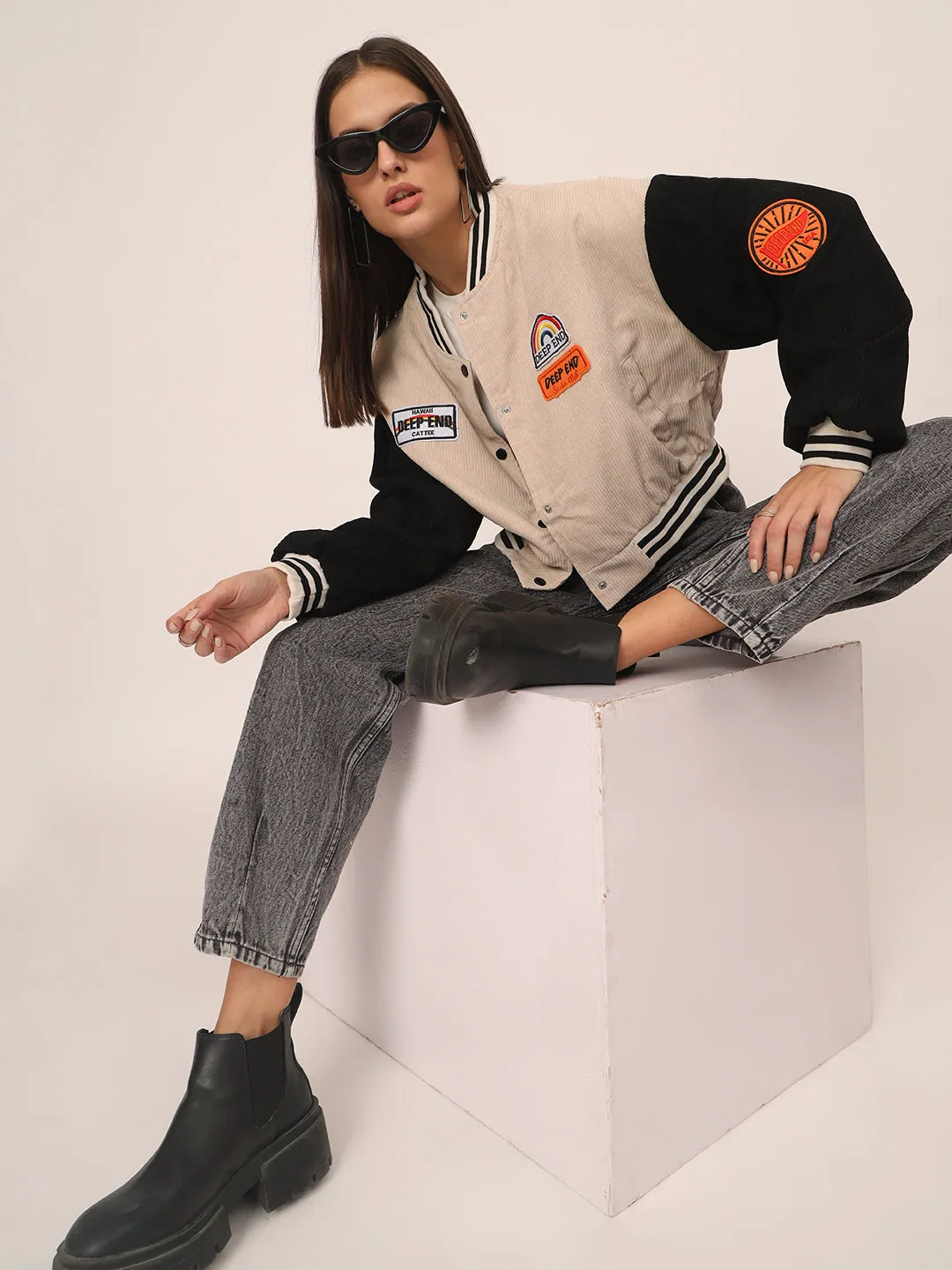 Baggy Varsity Jacket-Beige