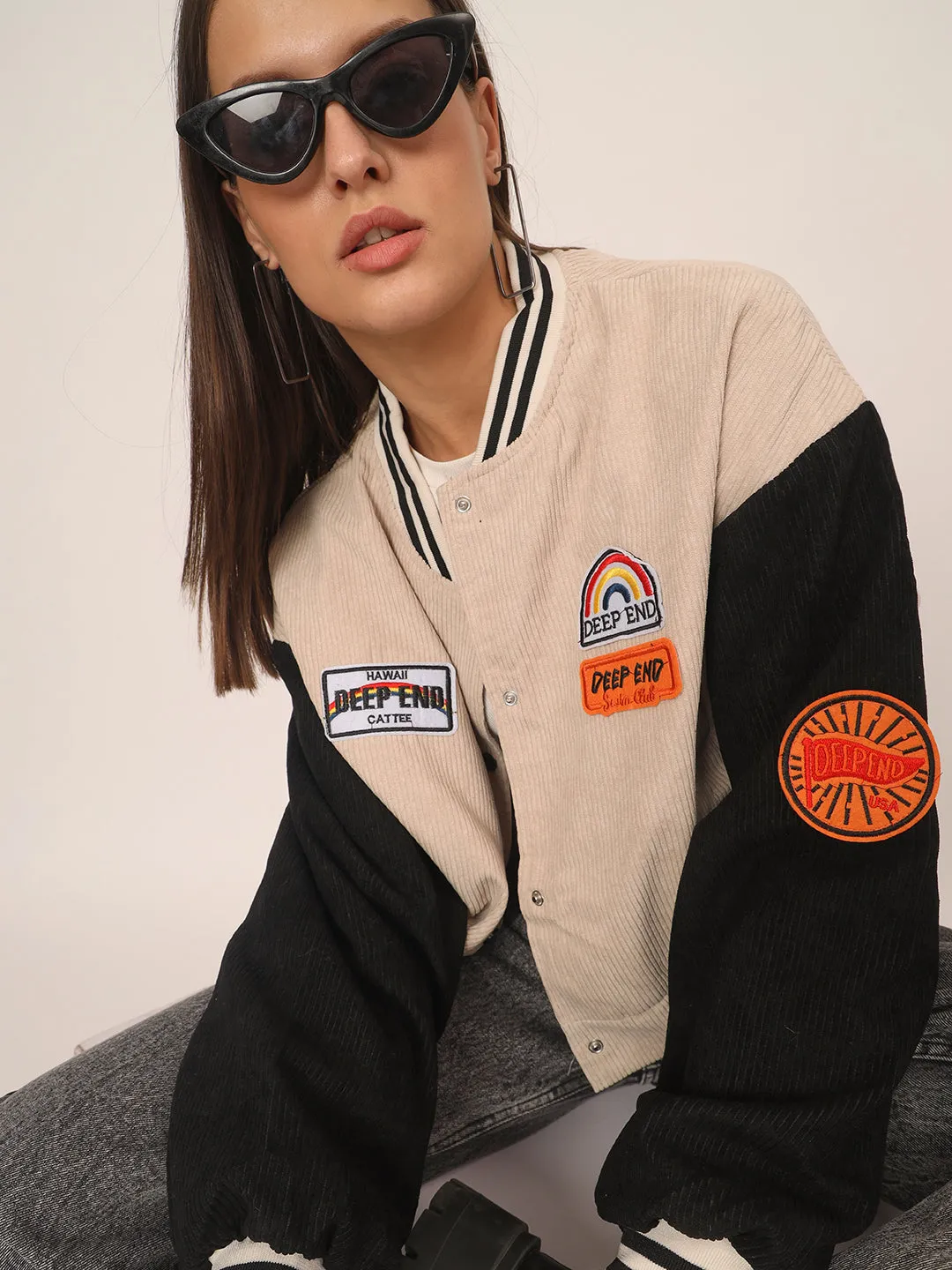 Baggy Varsity Jacket-Beige