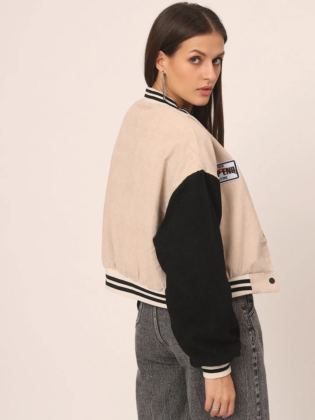 Baggy Varsity Jacket-Beige