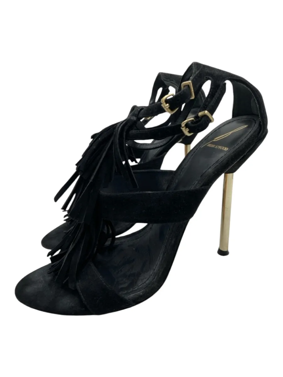 Brian Atwood Shoe Size 7.5 Black Leather Stiletto Fringe Gold Trim Sandals