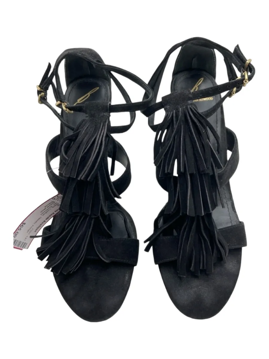 Brian Atwood Shoe Size 7.5 Black Leather Stiletto Fringe Gold Trim Sandals