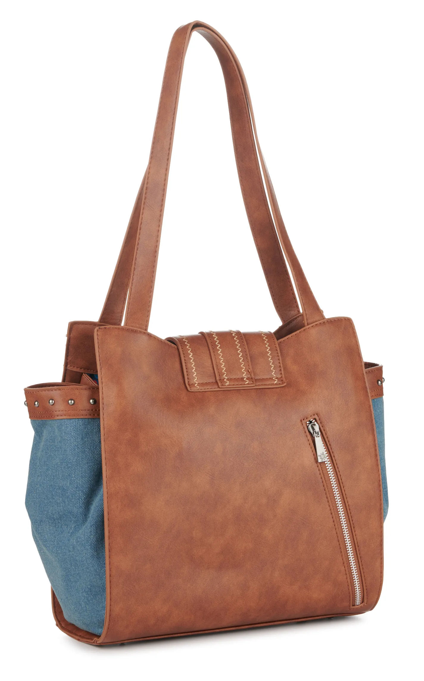 Catchfly Brown Leather Blue Denim & Hair on Hide Patchwork Tote