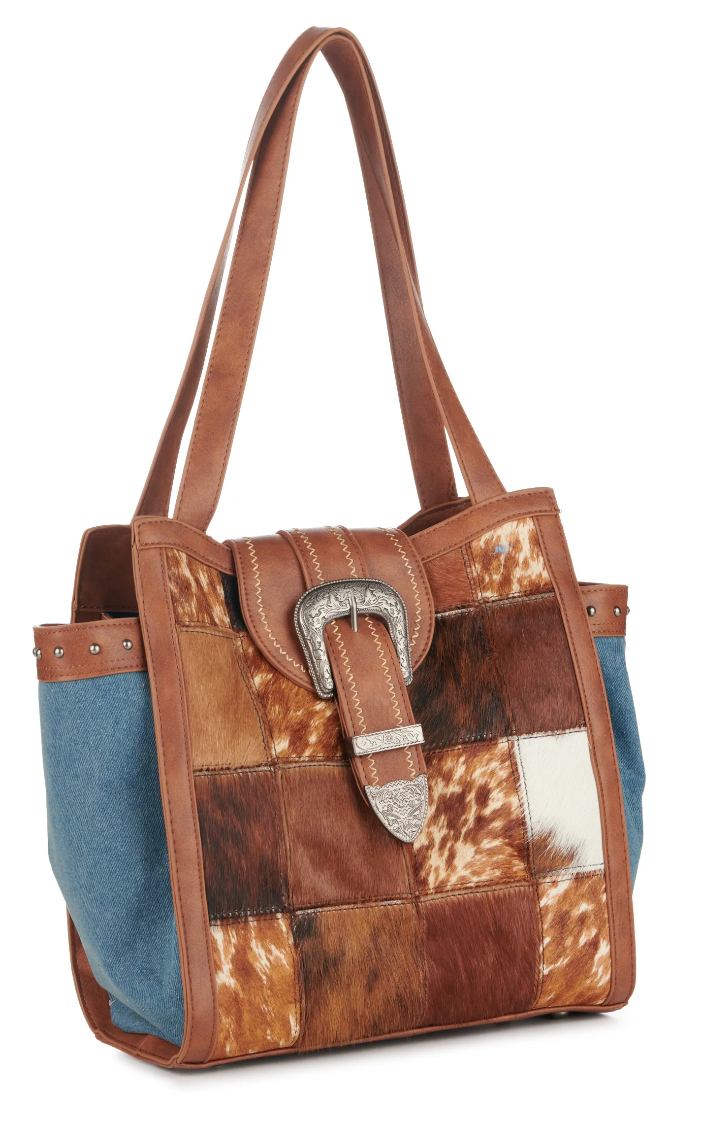 Catchfly Brown Leather Blue Denim & Hair on Hide Patchwork Tote