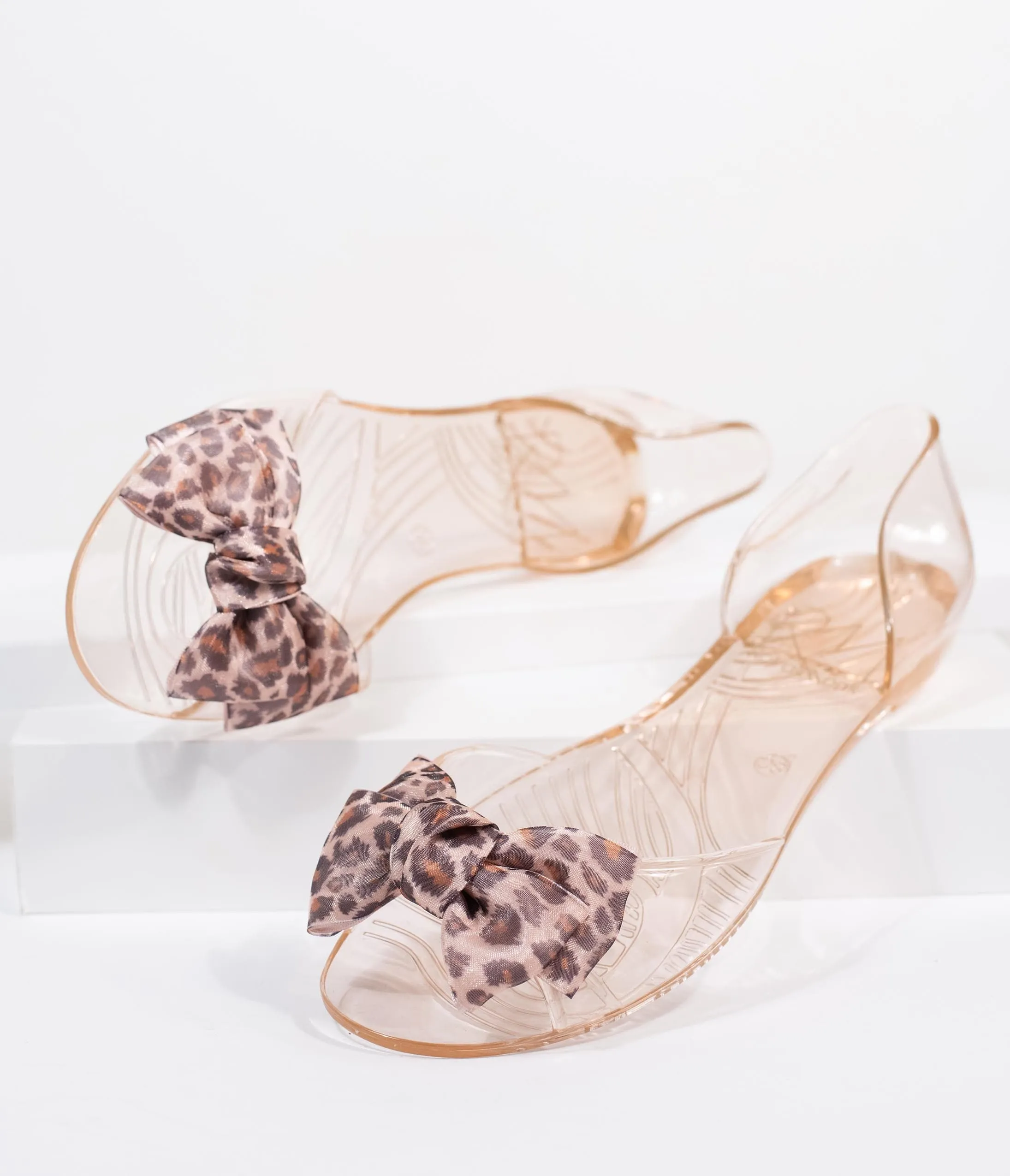 Champagne Jelly & Leopard Bow Peep Toe Selena Flats