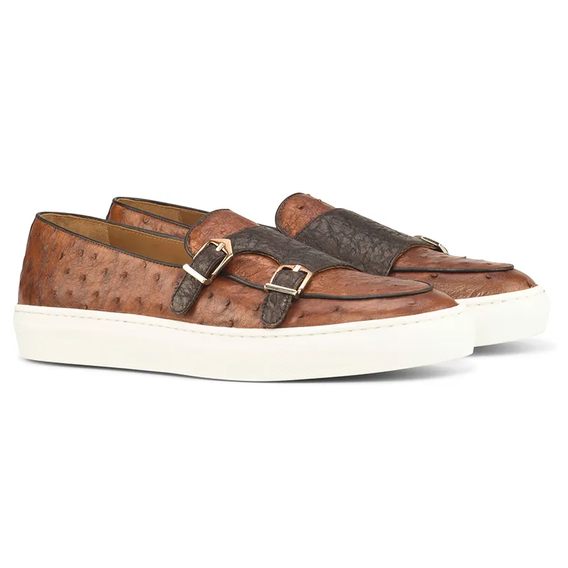 Emanuele Sempre Ostrich Monk Sneakers Cognac/Dark Brown