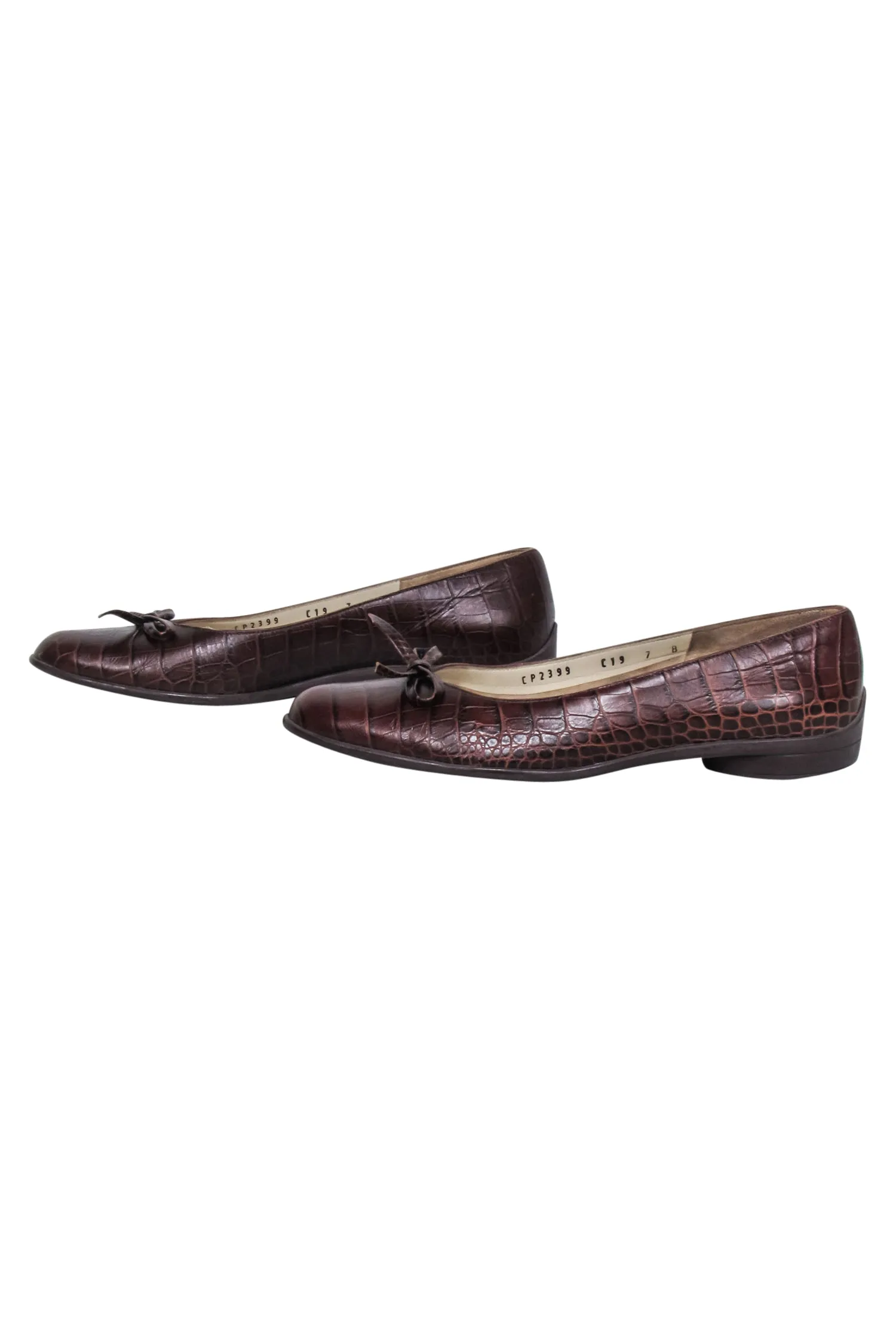 Ferragamo - Brown Croc Embossed Leather Bow Toe Flats Sz 7