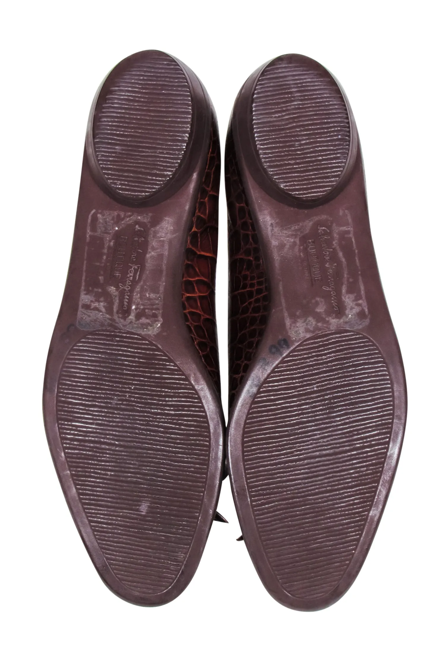 Ferragamo - Brown Croc Embossed Leather Bow Toe Flats Sz 7