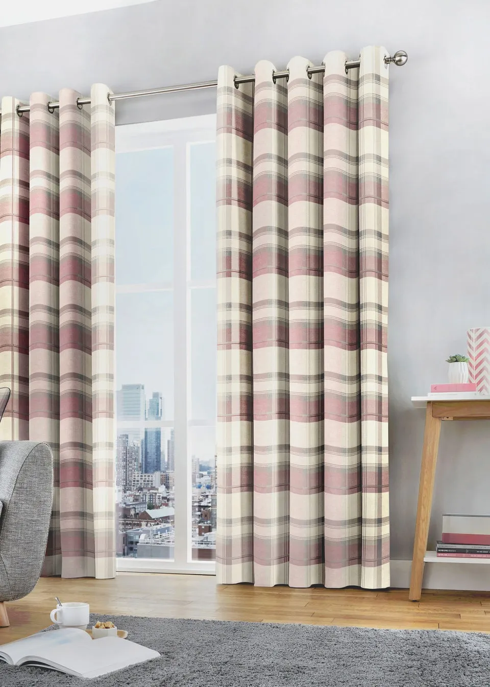 Fusion Balmoral Check Pink Eyelet Curtains