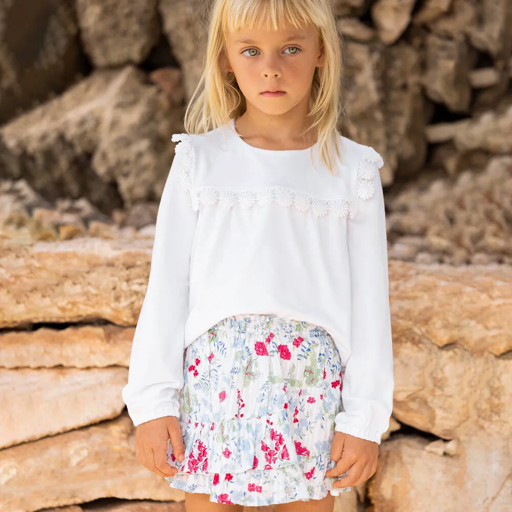 Girls Ivory Floral Print Skirt