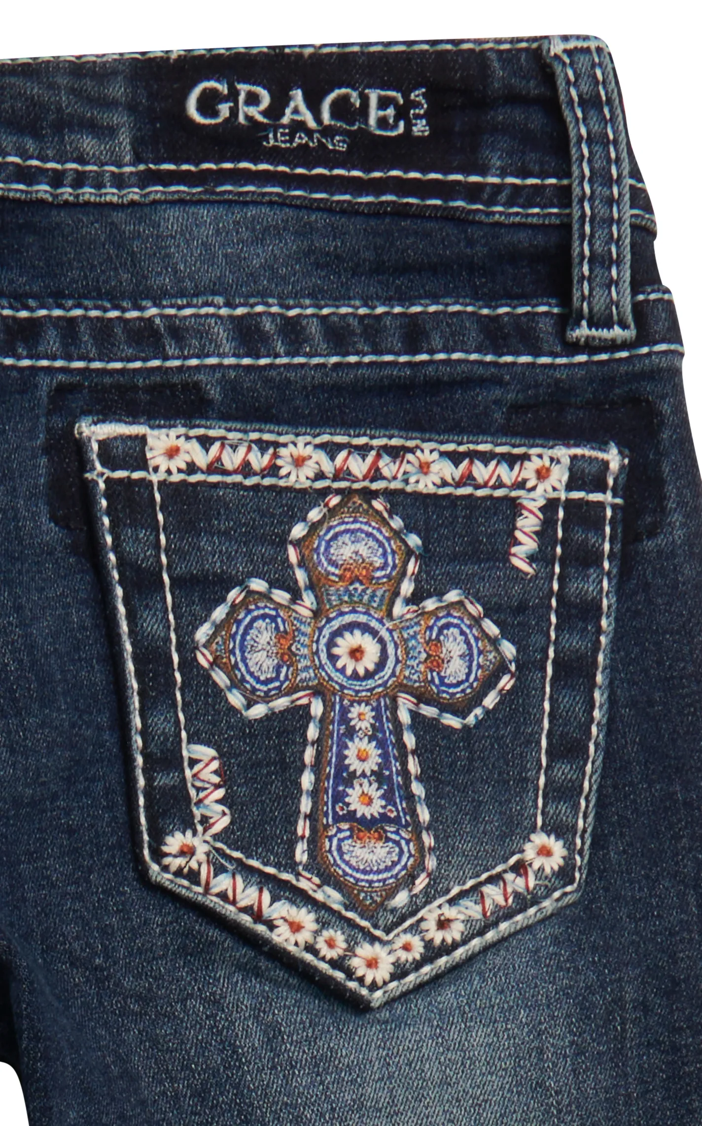 Grace in L.A. Girl's Dark Wash Embroidered Daisies & Cross Pocket Boot Cut Jeans