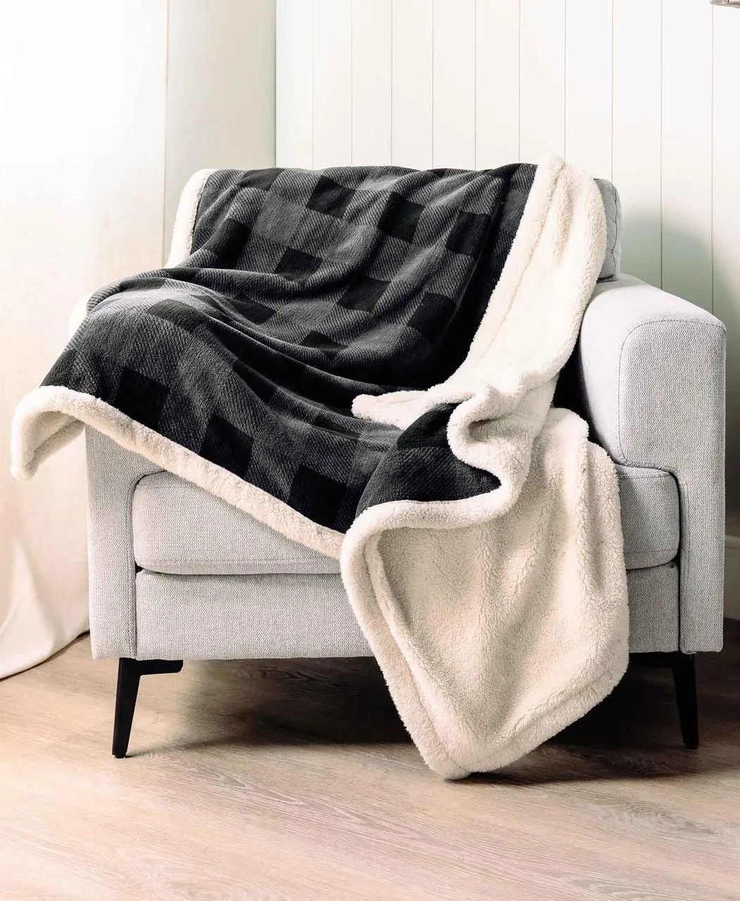 Grey Plaid Sherpa Throw Blanket