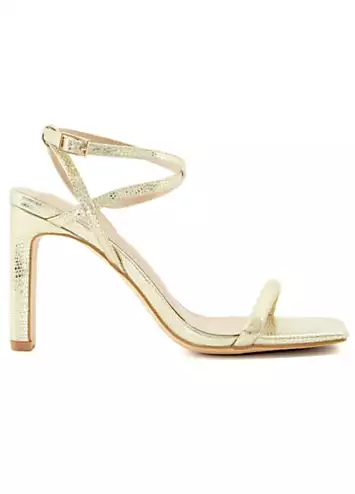 Head Over Heels By Dune Matchmaker Gold Reptile Asymmetric Heeled Sandals | Grattan