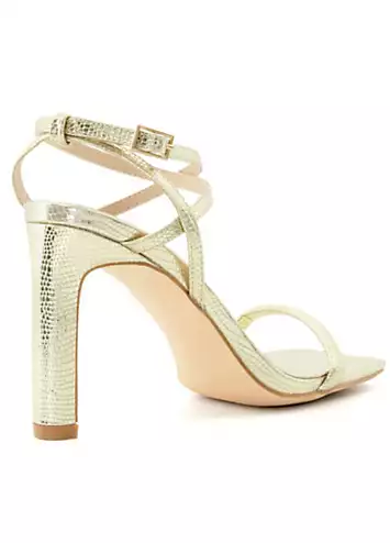 Head Over Heels By Dune Matchmaker Gold Reptile Asymmetric Heeled Sandals | Grattan