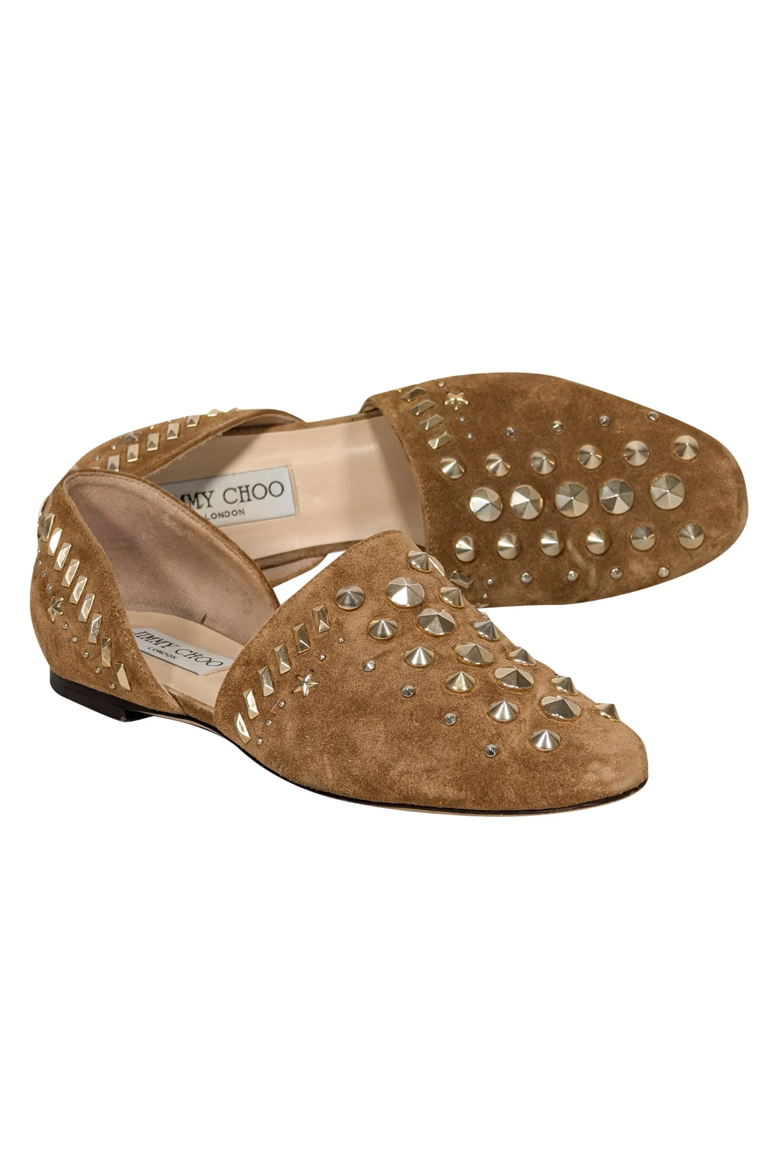 Jimmy Choo - Tan Suede w/ Gold Studded Trim Flats Sz 6