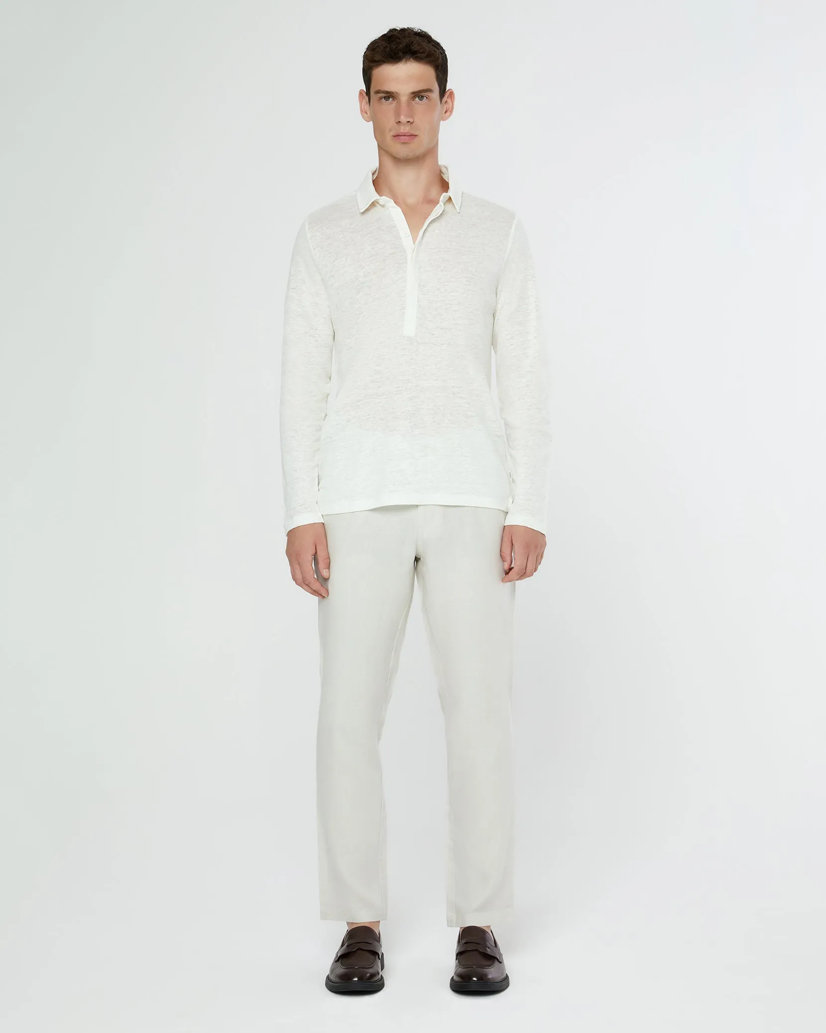 Long Sleeve Linen Polo | White