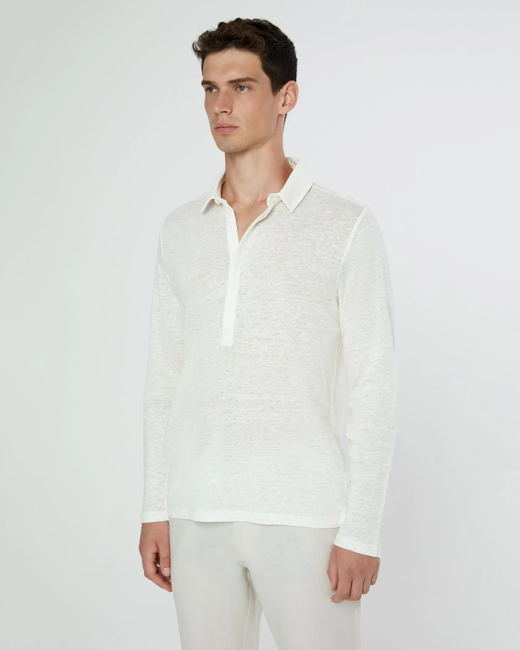 Long Sleeve Linen Polo | White