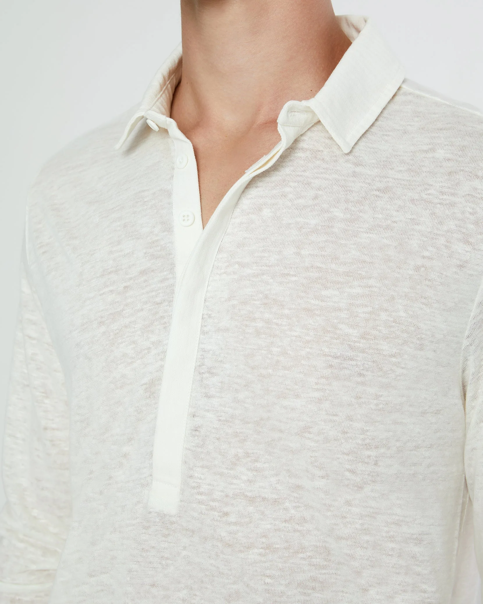 Long Sleeve Linen Polo | White