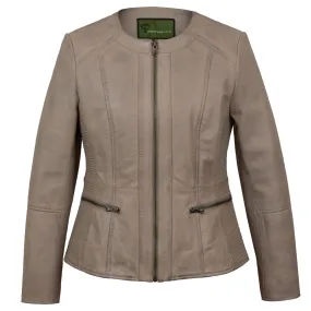 Meghan: Collarless Leather Jacket Light Grey