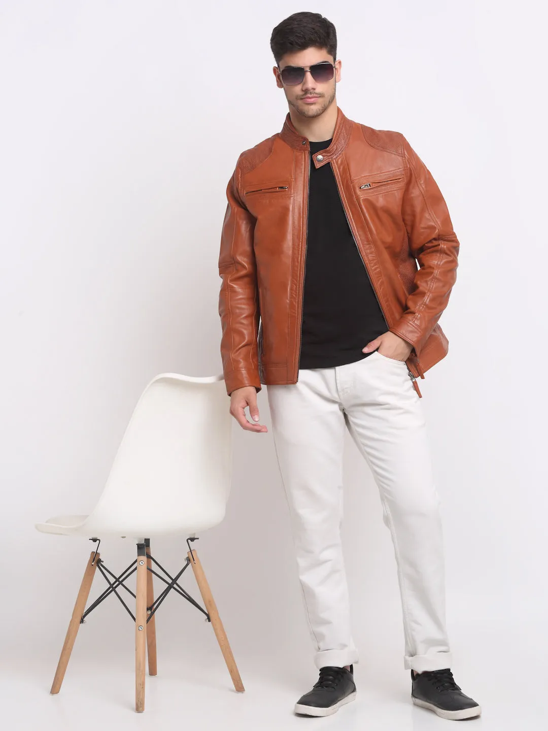 Men Mustard solid Leather Jacket