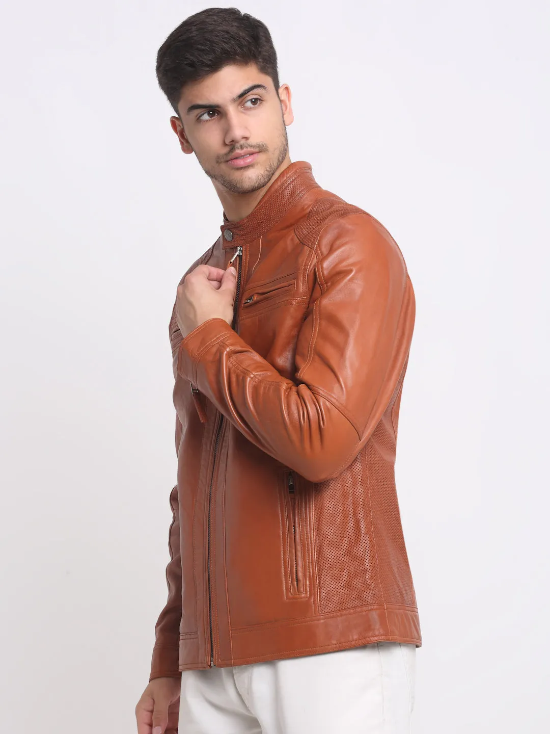 Men Mustard solid Leather Jacket