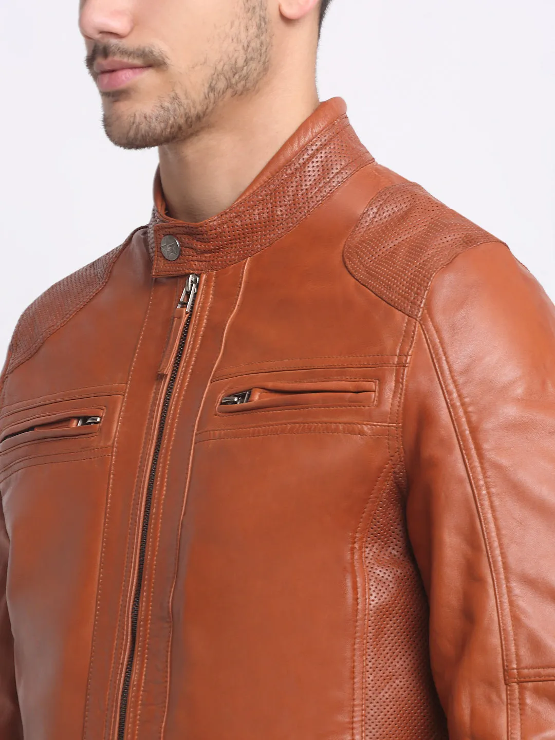 Men Mustard solid Leather Jacket