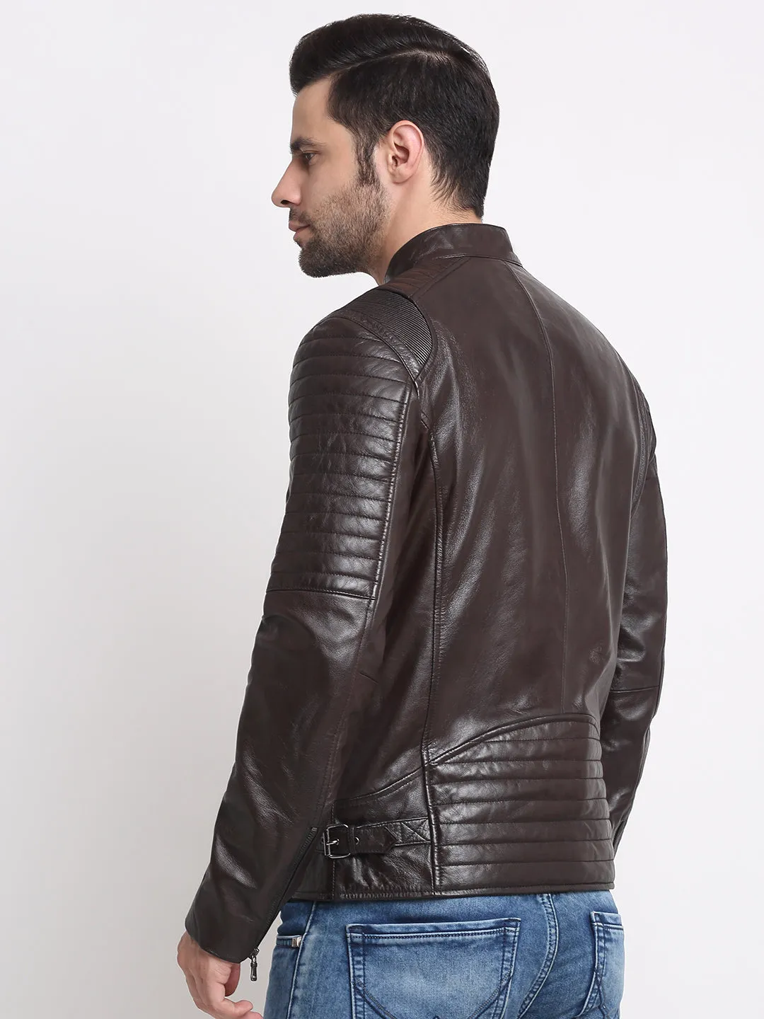 Men Solid Choco Brown Leather Jacket