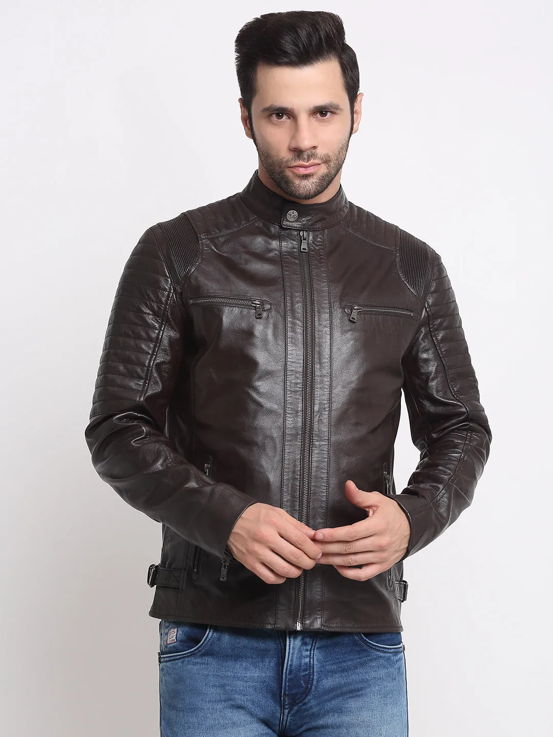 Men Solid Choco Brown Leather Jacket