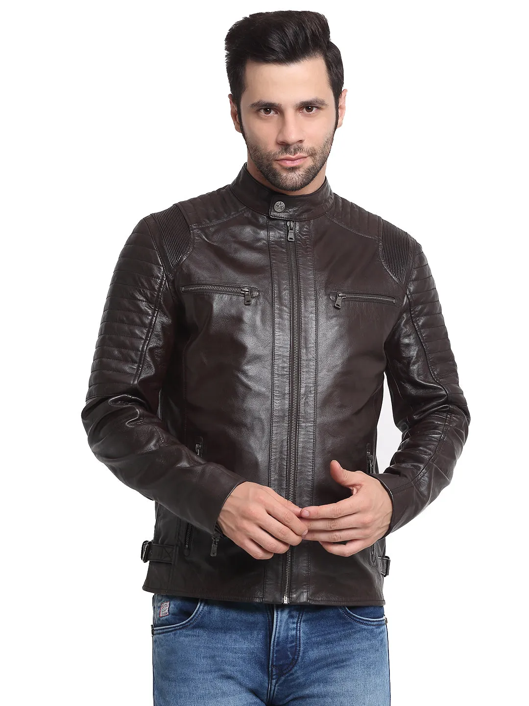 Men Solid Choco Brown Leather Jacket