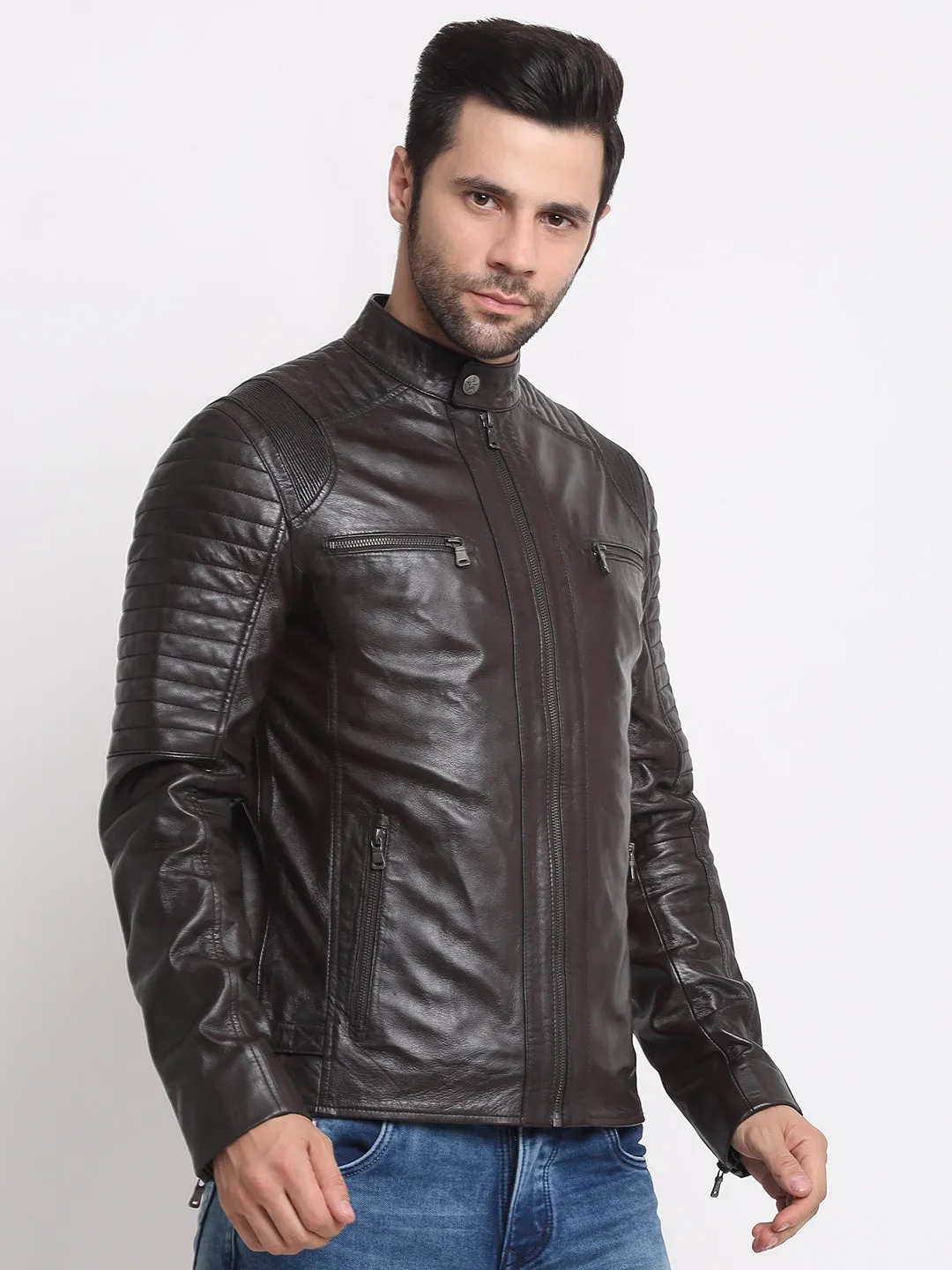 Men Solid Choco Brown Leather Jacket