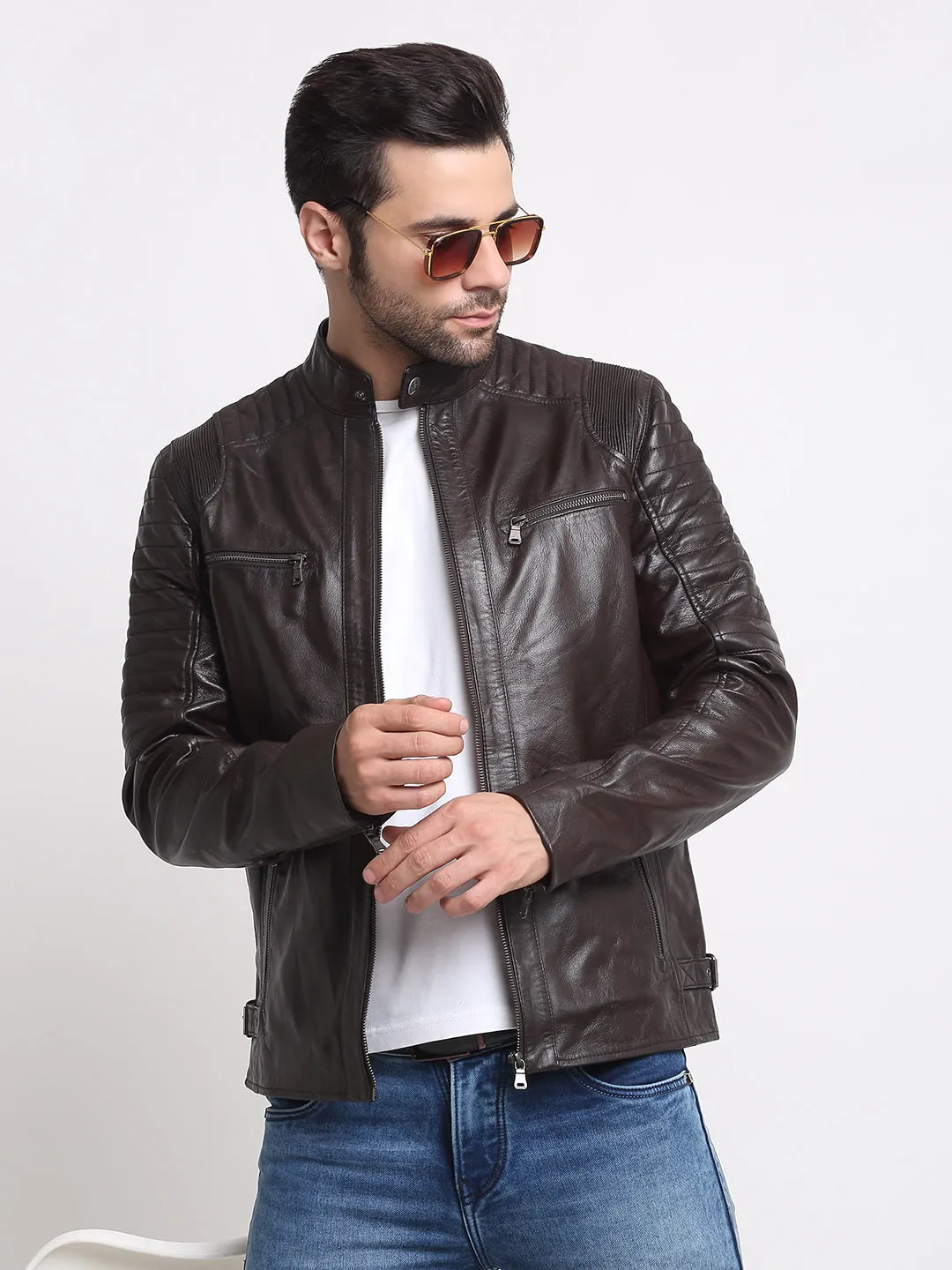 Men Solid Choco Brown Leather Jacket