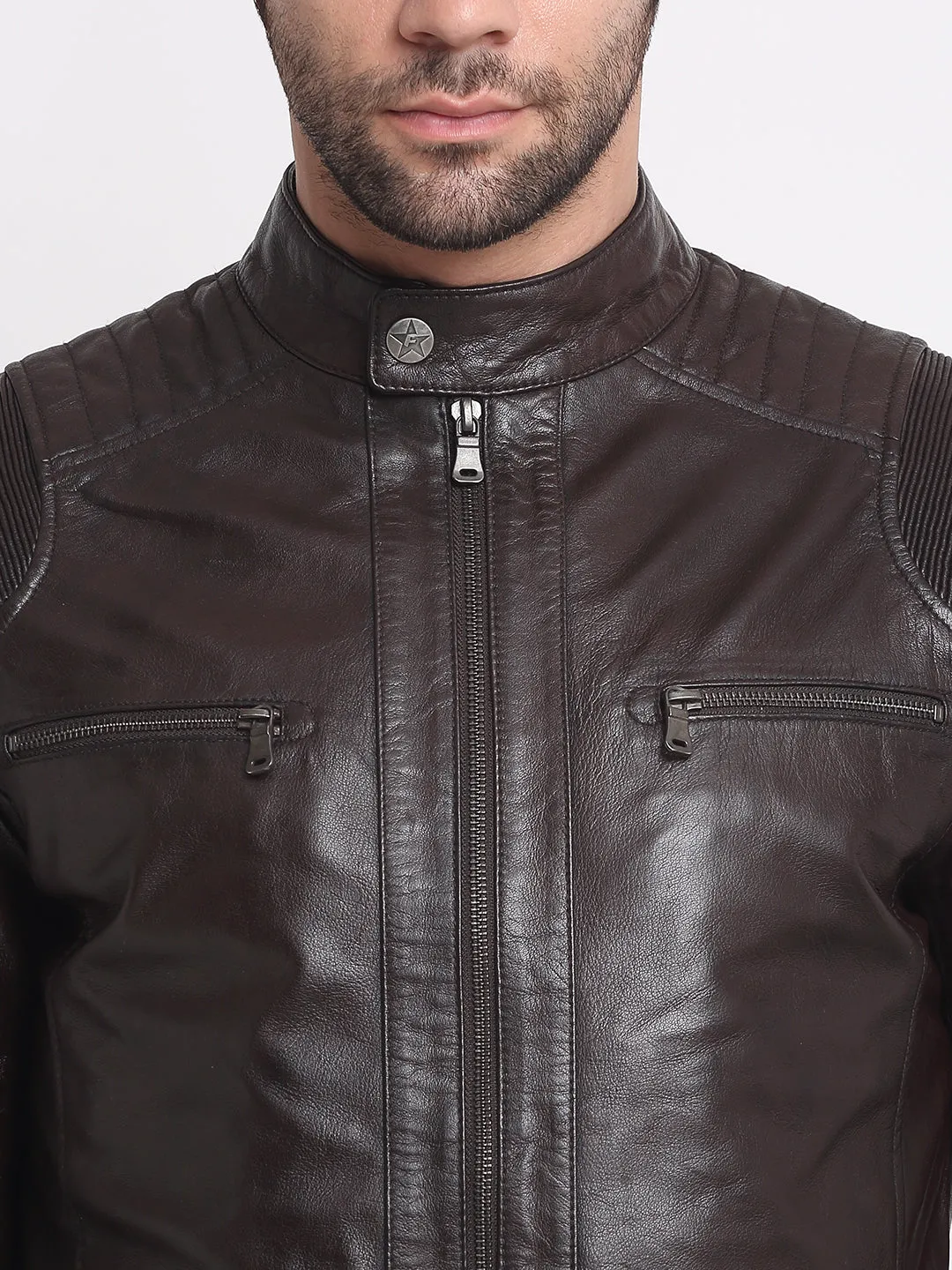 Men Solid Choco Brown Leather Jacket