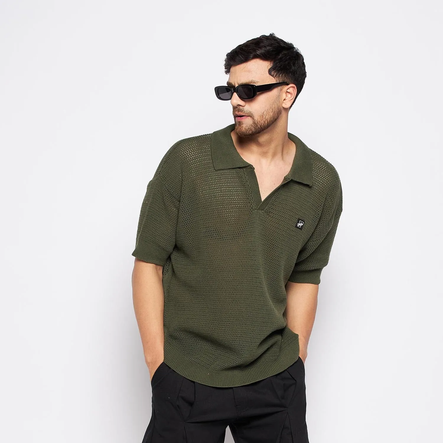 Olive Crochet Knitted Polo Tee