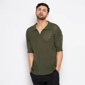 Olive Crochet Knitted Polo Tee