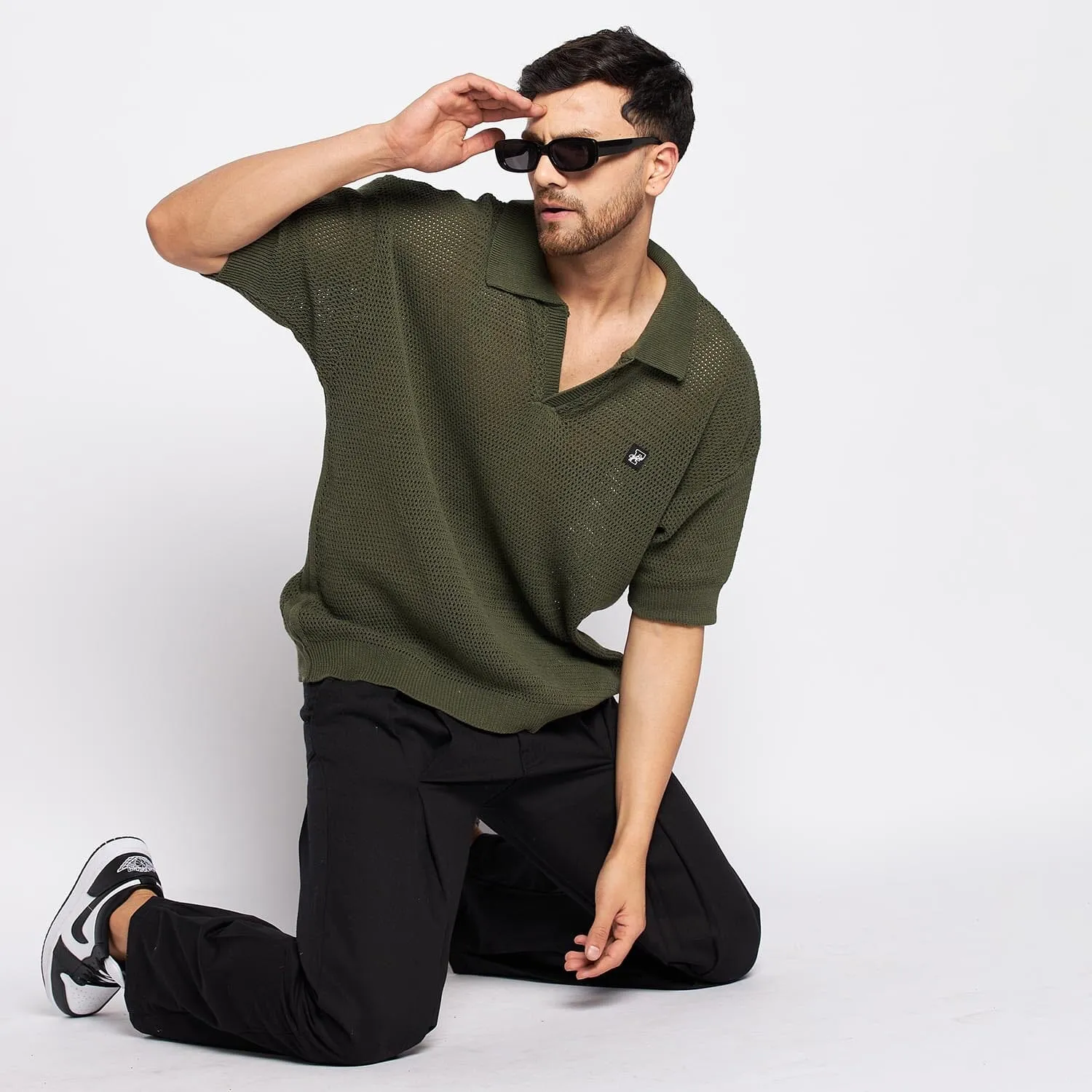 Olive Crochet Knitted Polo Tee