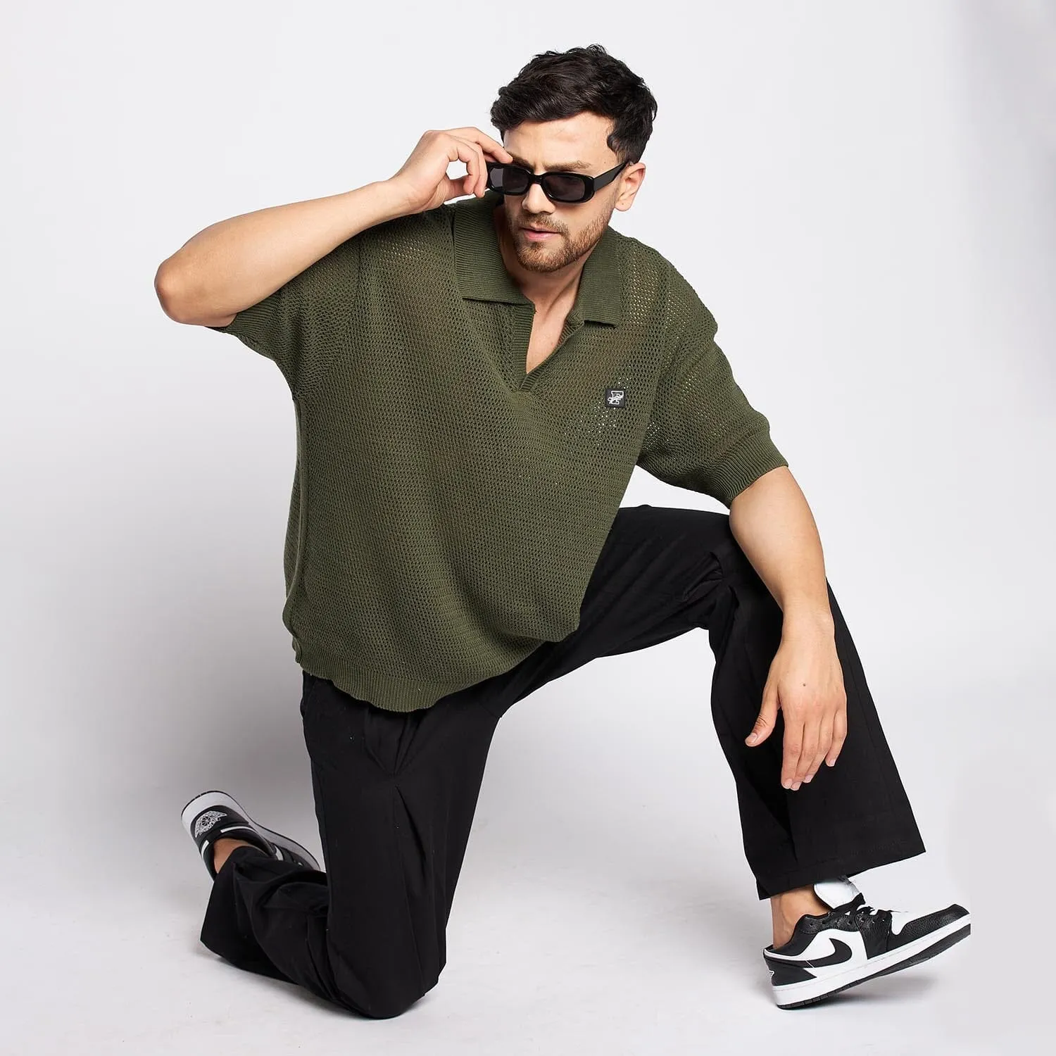 Olive Crochet Knitted Polo Tee