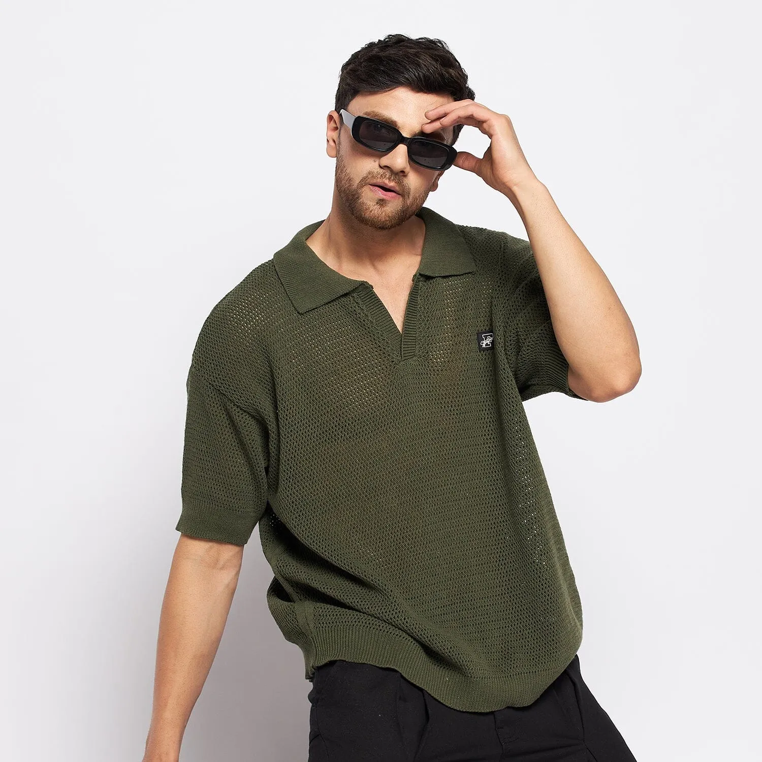 Olive Crochet Knitted Polo Tee