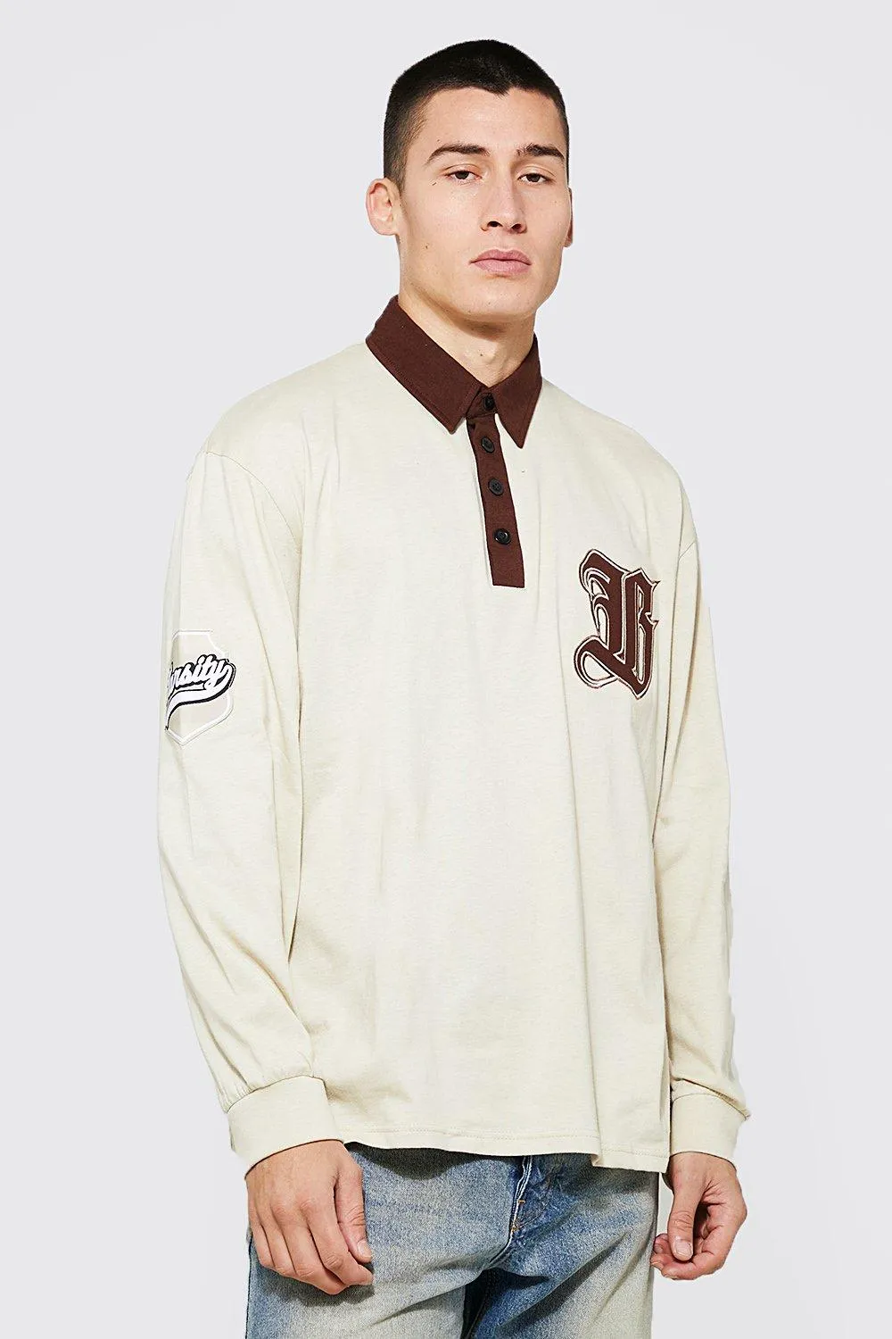 Oversized B Applique Varsity Rugby Polo