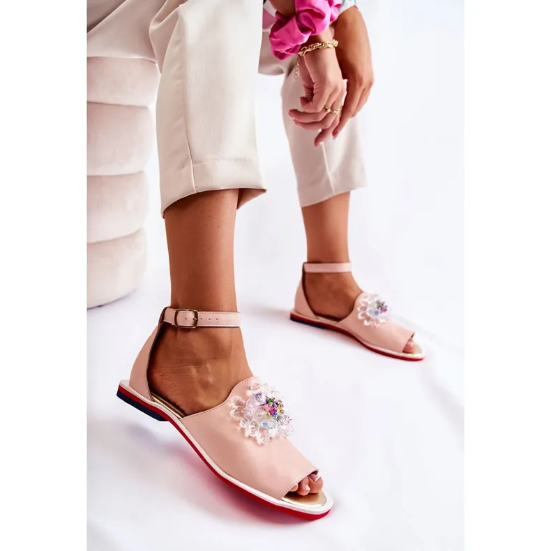 PA2 Women's Leather Sandals With A Bright Pink Nevassa Decoration