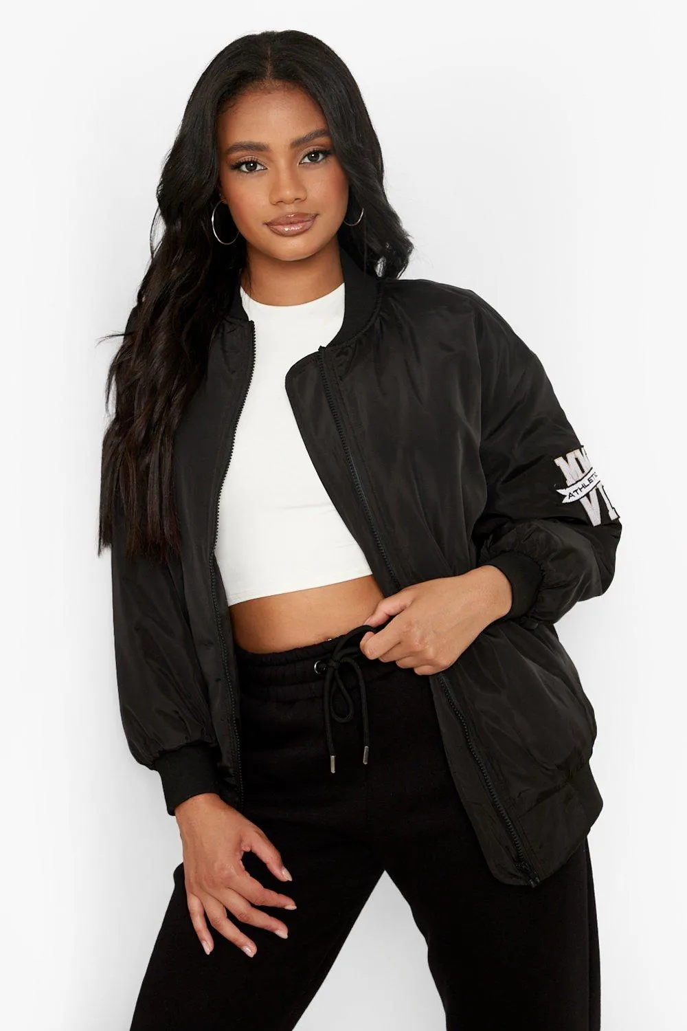 Petite Embroidered Oversized Varsity Bomber Jacket