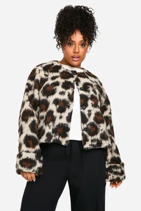 Plus Leopard Collarless Wool Jacket