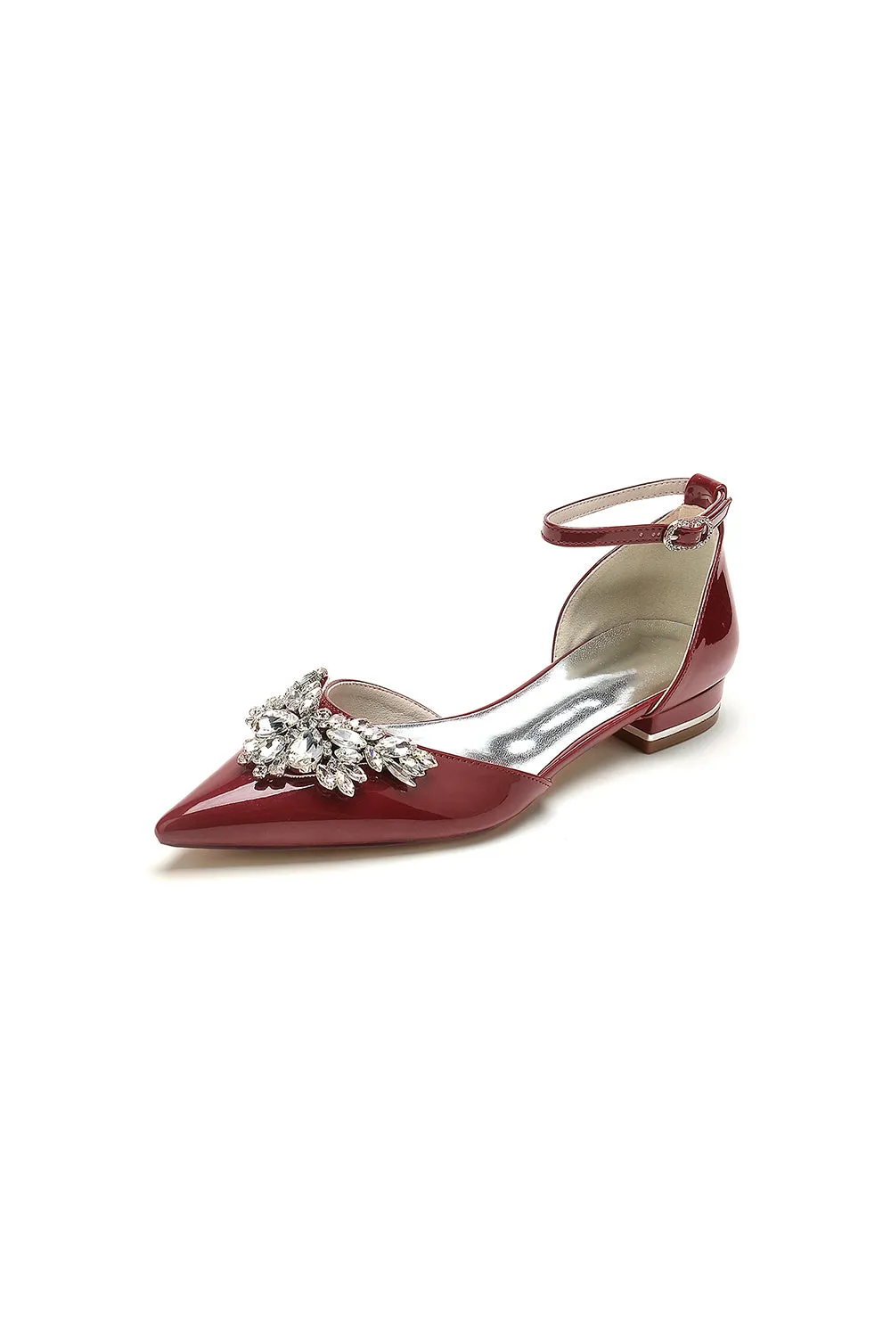 Pointed Toe Patent Leather Flats with Crystal Embellishment