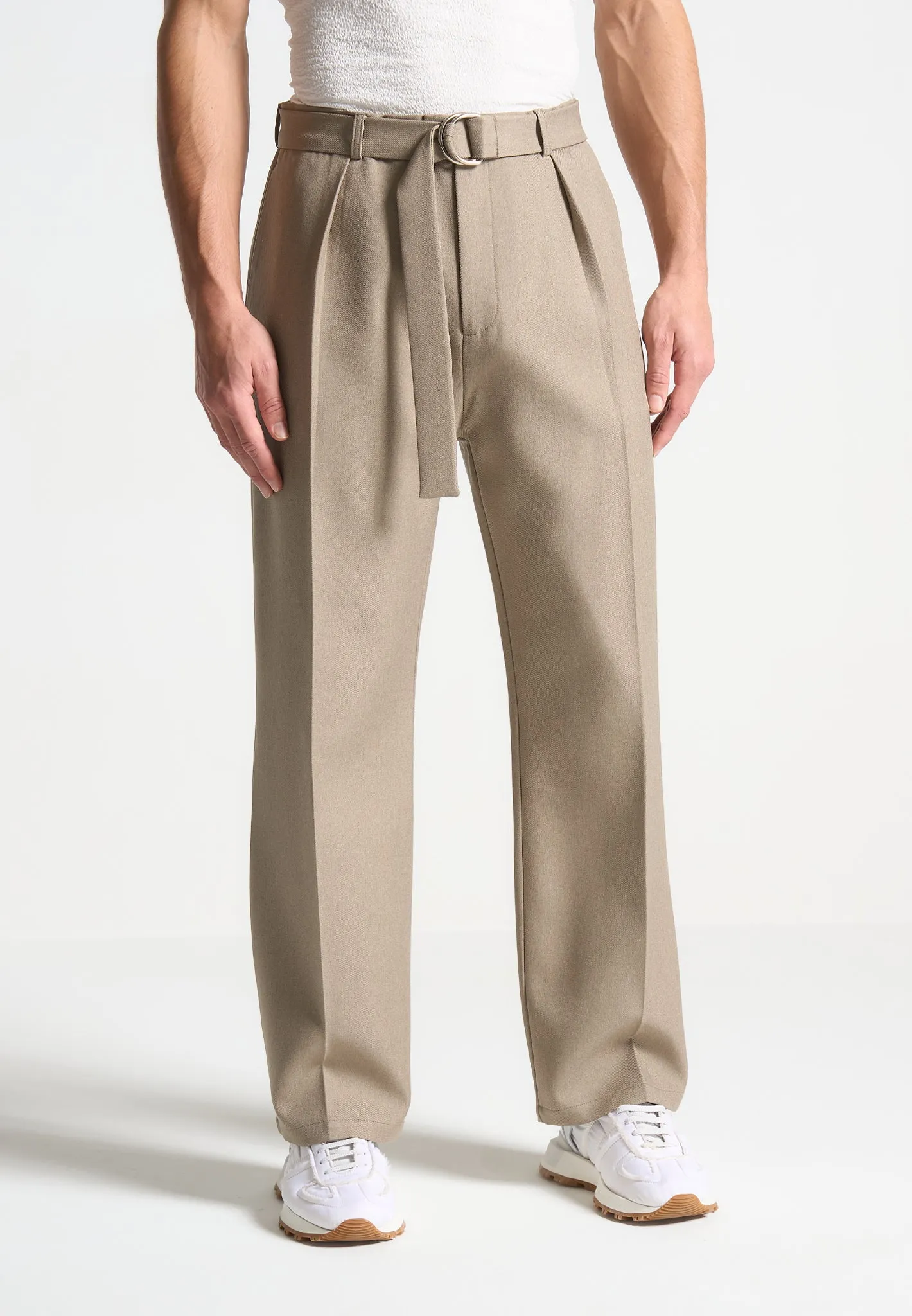 Relaxed Fit Textured Belted Tailored Trousers - Beige