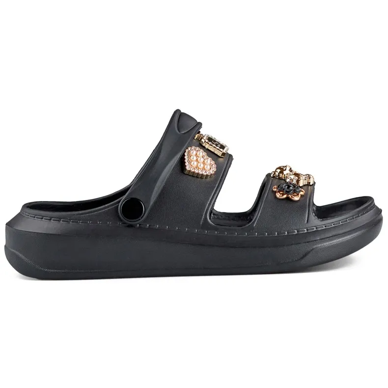 Rubber lightweight black women's flip-flop sandals with decorative elements